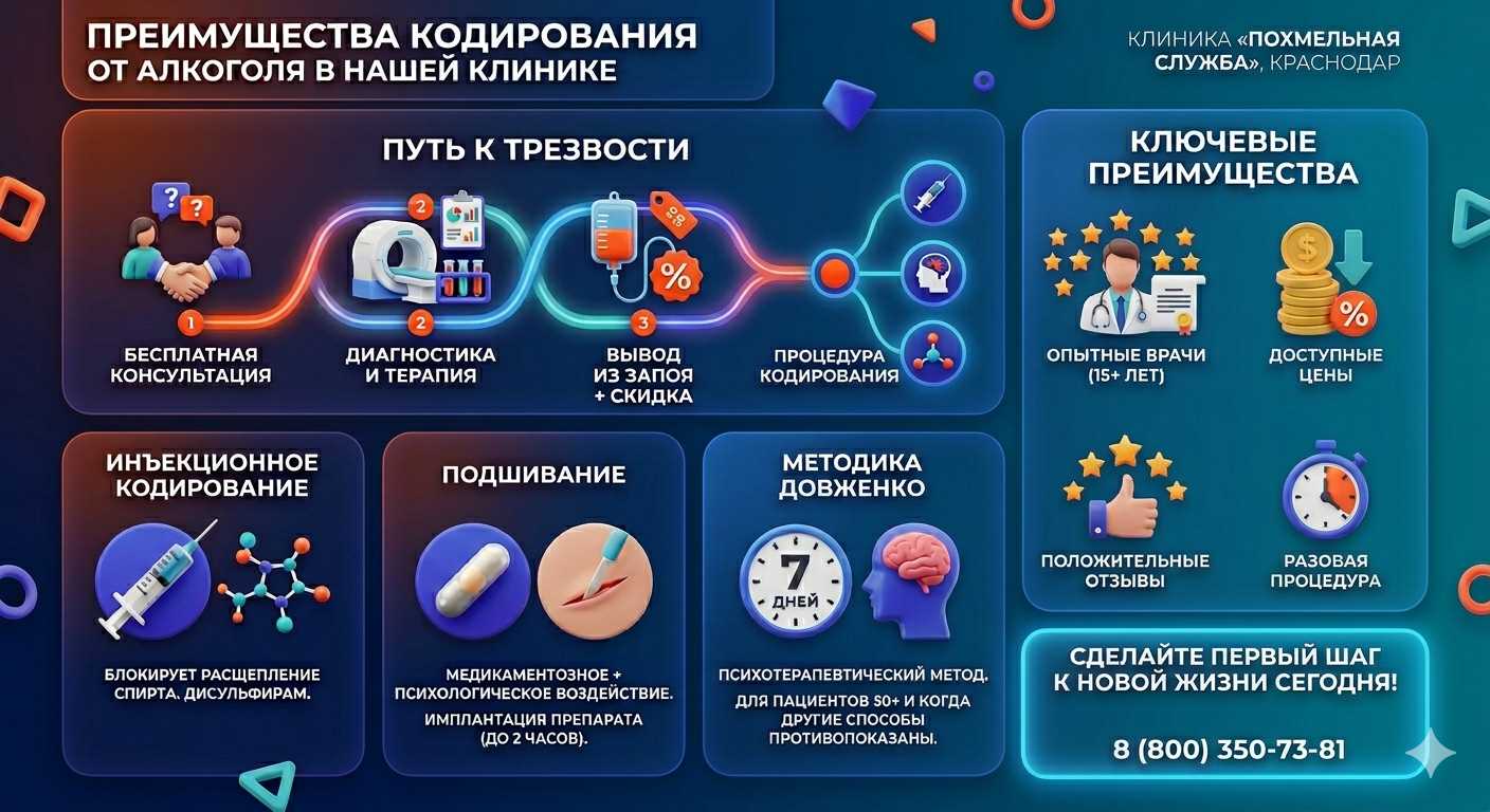 Инфографика о методах кодирования от алкоголя в Новом Уренгое: инъекции, подшивание, метод Довженко. Преимущества клиники и этапы лечения.